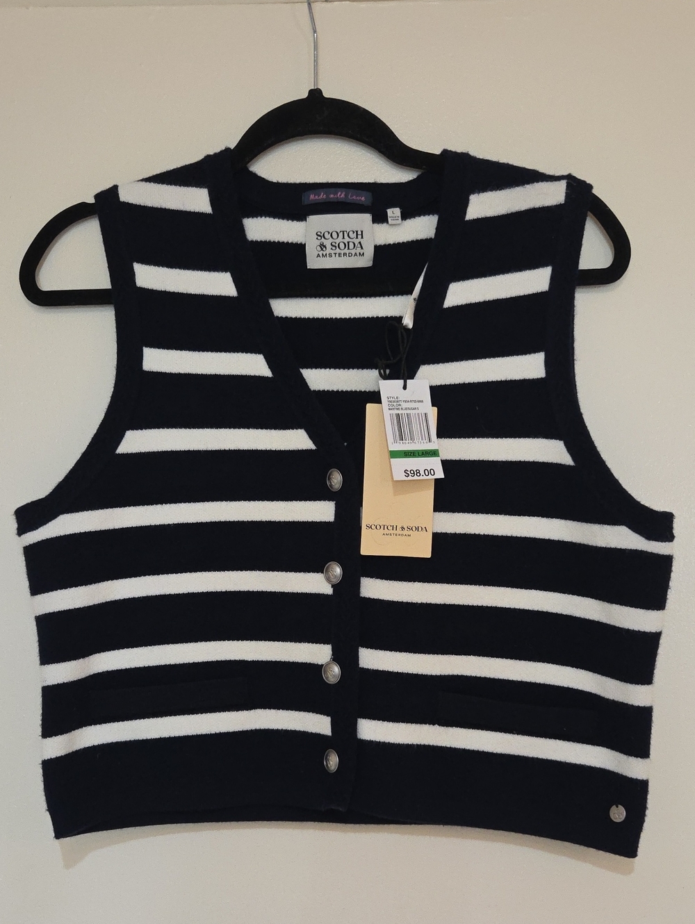Scotch & Soda Striped Sweater Vest, Size Large NWT Dark Navy And Cream Color